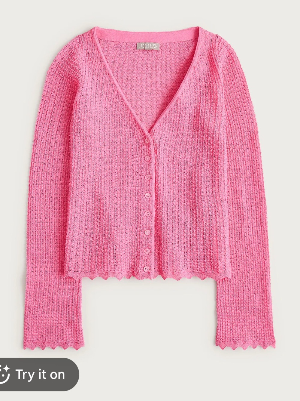 J. Crew Bright Pink Scallop-Edge V-Neck Button Cardigan